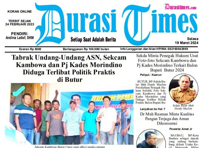 Koran Online Durasi Times, Edisi 19 Maret 2024 1 cover, Koran Online Durasi Times, Edisi 19 Maret 2024