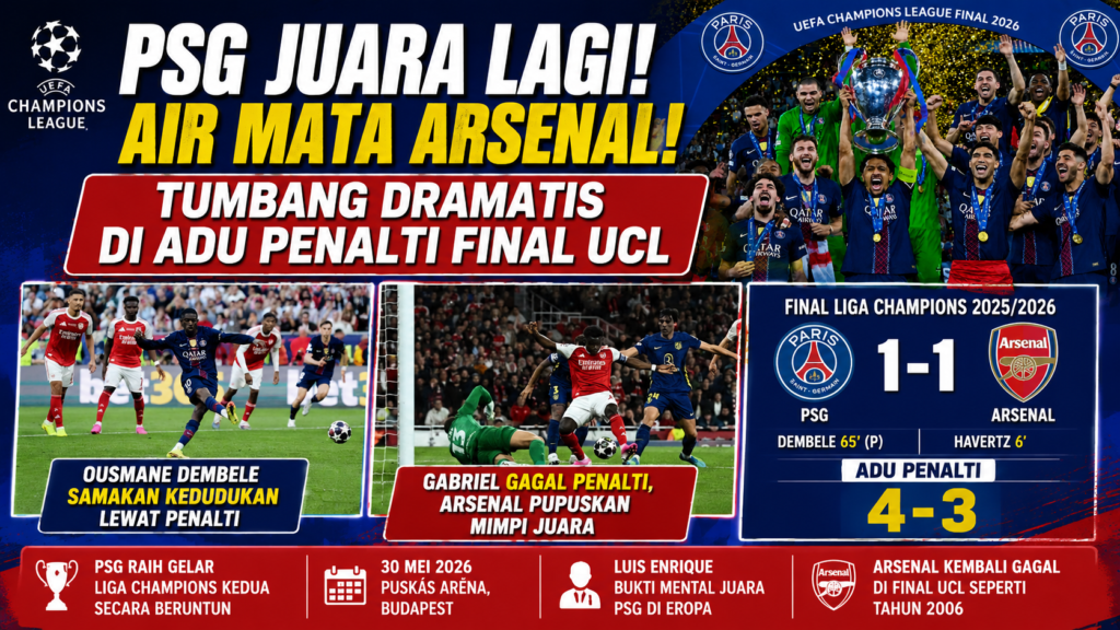 PSG Pertahankan Gelar Liga Champions Setelah Kalahkan Arsenal Lewat Adu Penalti